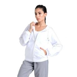 Błyszcząca damska bluza z kapturem zapinana na zamek. Białe bluzy damskie LEONE 1947 APPAREL, l, bez wzorów, z tkaniny, sportowe, bez ramiączek, z kapturem. W wyprzedaży za 167.70 zł.