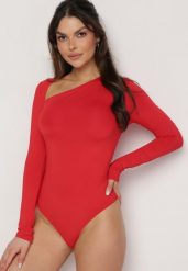 Czerwone Body z Asymetrycznym Dekoltem i Długim Rękawem Ilakia. Czerwone body Born2be, bez wzorów. Za 89.99 zł.
