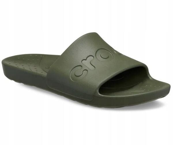 Klapki Dla Dorosłych Crocs Slide 210088. Zielone klapki damskie Crocs, bez wzorów, z materiału, bez obcasa, bez zapięcia. Za 139.99 zł.