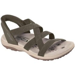 Sandały damskie Skechers Reggae Slim Stretch Flex. Zielone sandały damskie Skechers, bez wzorów, z materiału, bez obcasa, bez zapięcia. Za 490.00 zł.