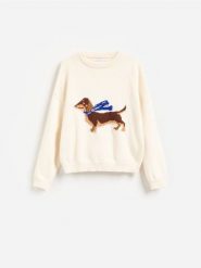 Sweter ze zwierzęcym motywem - kremowy. Białe swetry nierozpinane damskie Reserved, l, bez wzorów, z bawełny, bez kołnierzyka, bez ramiączek. Za 129.99 zł.