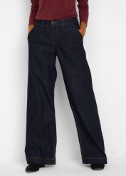 Jeansy o kroju wide leg, high waist z wygodnym pasem. Niebieskie jeansy damskie bonprix, bez wzorów, z jeansu, eleganckie, z podwyższonym stanem. Za 144.99 zł.