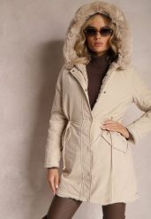 Jasnobeżowa Kurtka Parka ze Ściągaczem i Kapturem z Ozdobnym Futerkiem Brelitha. Brązowe kurtki damskie Renee, l, bez wzorów. Za 259.99 zł.