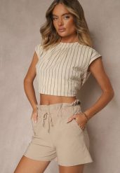 Beżowe Szorty z Bawełną High Waist z Ozdobnym Sznurkiem Axemia. Brązowe szorty damskie Renee, bez wzorów, z bawełny, eleganckie, z podwyższonym stanem. Za 44.99 zł.
