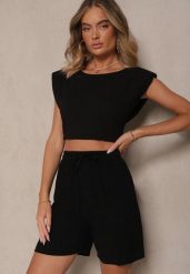 Czarne Wiskozowe Szorty Bermudy High Waist z Lnem Dorotella. Czarne szorty damskie Renee, bez wzorów, z materiału, eleganckie, z podwyższonym stanem. Za 69.99 zł.