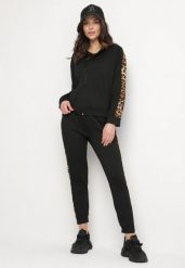 Czarny Komplet Dresowy Bluza i Spodnie ze Zdobieniami w Panterkę Solhiris. Czarne bluzy damskie Born2be, m, z aplikacjami, z bawełny, bez ramiączek, z kapturem. Za 84.99 zł.