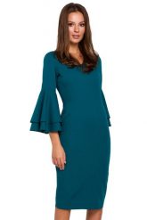 Sukienka na wesele elegancka midi z bufiastymi rękawami morski. Zielone sukienki damskie Makover, na wesele, xxl, bez wzorów, eleganckie, bez kołnierzyka, bez ramiączek, midi, dopasowane. Za 289.00 zł.