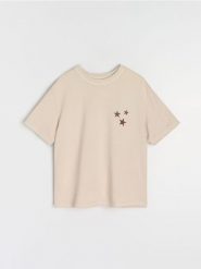Bluza z krótkim rękawem i napisem na plecach - kremowy. Białe bluzy damskie Sinsay, l, bez wzorów, bez ramiączek, bez kaptura. Za 35.99 zł.