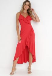 Czerwona Kopertowa Sukienka na Ramiączkach Zdobiona Falbanami Adathe. Czerwone sukienki damskie Born2be, l, z aplikacjami, eleganckie, bez kołnierzyka, bez ramiączek, midi, kopertowe. Za 109.99 zł.