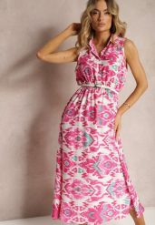 Różowa Rozkloszowana Sukienka z Ozdobnymi Naszyciami na Dekolcie w Abstrakcyjni Print Flubia. Czerwone sukienki damskie Renee, na imprezę, l, z aplikacjami, eleganckie, bez kołnierzyka, bez ramiączek, maxi, kopertowe. Za 49.99 zł.