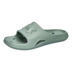 Klapki damskie Under Armour Locker V. Zielone klapki damskie Under Armour, bez wzorów, z materiału, bez obcasa, bez zapięcia. Za 118.25 zł.