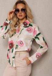 Beżowo-Zielona Koszula z Bawełny z Nadrukiem w Ozdobne Kwiaty Pitrea. Brązowe koszule damskie Renee, l, bez wzorów, z bawełny, eleganckie, bez kołnierzyka, bez ramiączek. Za 109.99 zł.