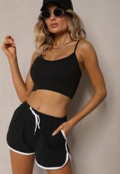 Czarne Szorty Dresowe z Dodatkiem Bawełny High Waist Wykończone Lamówką Mivorina. Czarne szorty damskie Renee, bez wzorów, z bawełny, eleganckie, z podwyższonym stanem. Za 29.99 zł.