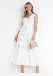 Biała Plisowana Sukienka Maxi z Gumką w Pasie i Materiałowym Paskiem Biak. Białe sukienki damskie Born2be, na imprezę, na lato, l, bez wzorów, z materiału, eleganckie, bez kołnierzyka, bez ramiączek, maxi. Za 84.99 zł.