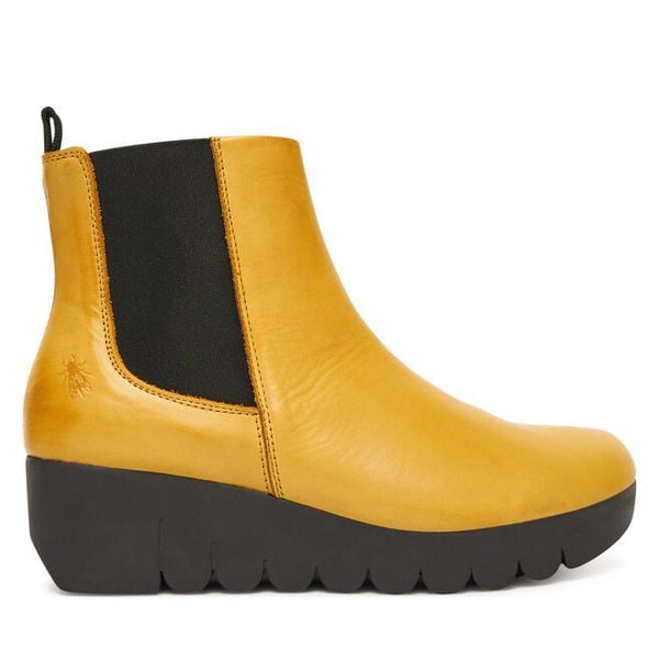 Botki Fly London. Żółte botki damskie Fly London, bez wzorów, bez obcasa, na koturnie, bez zapięcia. Za 409.99 zł.