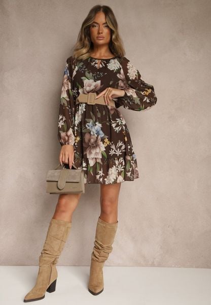 Brązowa Rozkloszowana Sukienka Ozdobiona Kwiatowym Wzorem Zerovia. Brązowe sukienki damskie Renee, na co dzień, l, bez wzorów, z wiskozy, eleganckie, bez kołnierzyka, bez ramiączek, mini, proste. Za 109.99 zł.