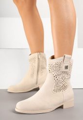 Beżowe Botki Kowbojki Ażurowe Efaliria. Brązowe botki damskie Renee, w ażurowe wzory, bez obcasa, na płaskiej podeszwie, bez zapięcia. Za 129.99 zł.