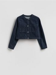 Jeansowa marynarka - granatowy. Niebieskie marynarki i żakiety damskie Reserved, bez wzorów, z bawełny, bez kołnierzyka, bez ramiączek. Za 129.99 zł.