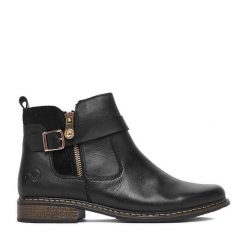 Botki Rieker. Czarne botki damskie Rieker, bez wzorów, bez obcasa, na płaskiej podeszwie, bez zapięcia. Za 399.99 zł.