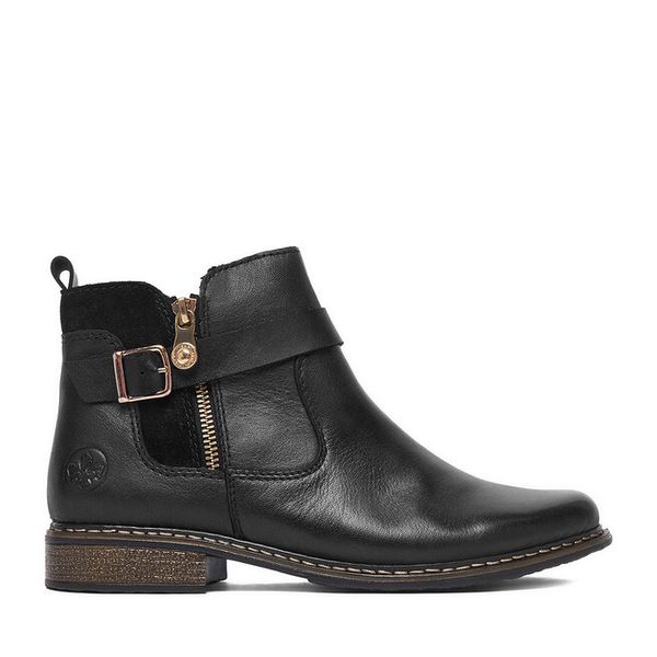 Botki Rieker. Czarne botki damskie Rieker, bez wzorów, bez obcasa, na płaskiej podeszwie, bez zapięcia. Za 399.99 zł.