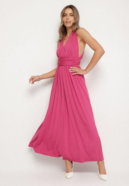 Ciemnoróżowa Koktajlowa Sukienka Multiway z Wiskozą i Wiązaniem na Szyi Lilazza. Czerwone sukienki damskie Born2be, na imprezę, l, bez wzorów, z wiskozy, wizytowe, bez kołnierzyka, bez ramiączek, rozkloszowane. Za 179.99 zł.