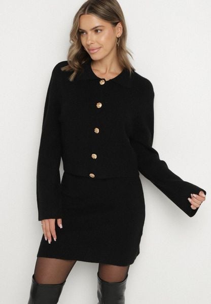 Czarny Komplet Dzianinowy z Wiskozą Kardigan na Guziki i Spódnica Ollisala. Czarne kardigany damskie Born2be, bez wzorów, z dzianiny, klasyczne, bez kołnierzyka. Za 169.99 zł.