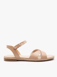 Beżowe sandały ze skóry licowej. Brązowe sandały damskie Ryłko, bez wzorów, ze skóry, z okrągłym noskiem, bez obcasa, na obcasie, bez zapięcia. Za 299.99 zł.