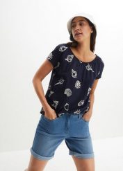 T-shirt z okrągłym dekoltem i nadrukiem, z bawełny organicznej. Niebieskie t-shirty damskie bonprix, bez wzorów, z bawełny, bez kołnierzyka, bez ramiączek. Za 59.99 zł.