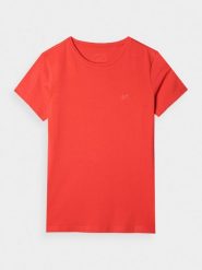 4F T-shirt slim gładki damski - czerwony M. Czerwone t-shirty damskie 4F, m, bez wzorów, z bawełny, klasyczne, bez kołnierzyka, bez ramiączek. Za 39.99 zł.