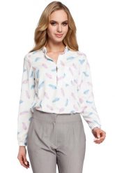 Wzorzysta Ecru Bluzka Koszulowa ze Stójką Model 1. Białe bluzki damskie MOE, l, bez wzorów, z elastanu, bez kołnierzyka, bez ramiączek. Za 219.90 zł.
