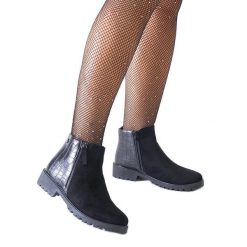 Czarne botki z motywem skóry krokodyla eko-zamsz Mifsada. Czarne botki damskie na zimę, bez wzorów, z gumy, eleganckie, za kostkę, bez obcasa, na obcasie, bez zapięcia. Za 101.26 zł.