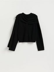 Kardigan z szalem z wełną - czarny. Czarne kardigany damskie Reserved, l, bez wzorów, z dzianiny, bez kołnierzyka. Za 199.99 zł.