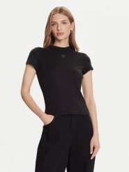 Guess T-Shirt W5BP07 KCGM2 Czarny Slim Fit. Czarne t-shirty damskie Guess, xl, z aplikacjami, z syntetyku, bez kołnierzyka, bez ramiączek. Za 89.99 zł.