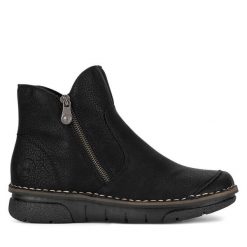 Botki Rieker. Czarne botki damskie Rieker, bez wzorów, bez obcasa, na płaskiej podeszwie, bez zapięcia. Za 244.99 zł.