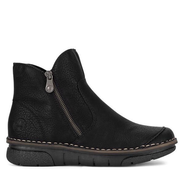 Botki Rieker. Czarne botki damskie Rieker, bez wzorów, bez obcasa, na płaskiej podeszwie, bez zapięcia. Za 244.99 zł.