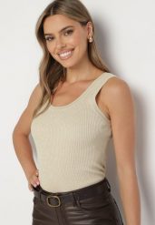 Beżowy Top z Wiskozą Obszyty Metaliczną Nicią Nerevana. Brązowe topy damskie Born2be, m, bez wzorów, z dzianiny, biznesowe, bez kołnierzyka, bez ramiączek. Za 54.99 zł.
