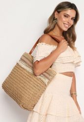 Brązowa Torebka Shopperka Wykończona Plecionką i Frędzlami w Stylu Boho Rivaniane. Brązowe shopperki damskie Born2be, bez wzorów, z jeansu, bez dodatków. Za 64.99 zł.