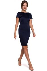 Granatowa Elegancka Sukienka z Dekoltem Typu Woda. Czerwone sukienki damskie MAKEOVER, l, bez wzorów, z elastanu, eleganckie, bez kołnierzyka, bez ramiączek. Za 219.90 zł.