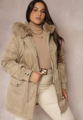 Beżowa Kurtka Parka Nylonowa Mivo. Brązowe kurtki damskie Renee, plus size, bez wzorów, z futra, plus size, bez kaptura. Za 219.99 zł.