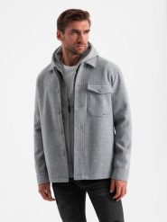 Lekka flauszowa kurtka męska z dodatkiem wiskozy – szara V2 OM-JANP-0199 - XXL. Szare kurtki męskie Ombre Clothing, l, bez wzorów, z materiału, bez kaptura. Za 209.99 zł.
