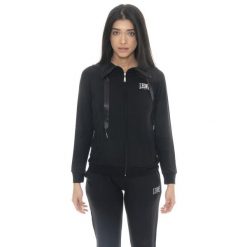 Bluza miękki z bawełna z zamek błyskawiczny na co dzień. Czarne bluzy damskie LEONE 1947 APPAREL, bez wzorów, z bawełny, sportowe, bez ramiączek, bez kaptura. Za 191.56 zł.