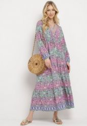Różowa Sukienka Rozkloszowana z Falbanką w Print Paisley Kapiss. Czerwone sukienki damskie Born2be, l, bez wzorów, eleganckie, bez kołnierzyka, bez ramiączek, maxi, rozkloszowane. Za 29.99 zł.