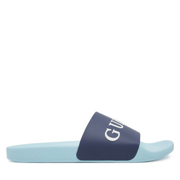 Klapki Guess. Niebieskie klapki męskie Guess, z aplikacjami, bez zapięcia. Za 109.99 zł.