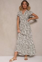 Biało-Zielona Kopertowa Sukienka z Ozdobną Falbanką w Kwiatowy Print Velmoi. Zielone sukienki damskie Renee, na co dzień, l, bez wzorów, eleganckie, bez kołnierzyka, bez ramiączek, maxi, kopertowe. Za 54.99 zł.