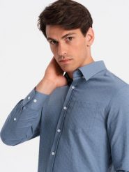 Męska koszula SLIM FIT z ozdobnej tkaniny z kieszonką – niebieska V1 OM-SHCS-0174 - XXL. Niebieskie koszule męskie Ombre Clothing, l, bez wzorów, z bawełny, biznesowe, bez kołnierzyka, bez ramiączek. W wyprzedaży za 119.99 zł.