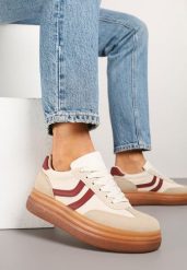 Beżowo-Bordowe Sneakersy Typu Kultowe Tenisówki na Niskiej Platformie Olritia. Brązowe trampki i tenisówki damskie Renee, bez wzorów, z materiału, bez zapięcia. Za 79.99 zł.