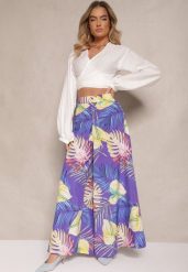 Niebieskie Spodnie z Wiskozy High Waist o Szerokim Kroju z Motywem Liści Senevira. Niebieskie spodnie materiałowe damskie Renee, bez wzorów, z jeansu, eleganckie, z podwyższonym stanem. Za 54.99 zł.