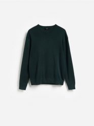 Sweter z dodatkiem modalu - ciemnozielony. Zielone swetry męskie Reserved, l, bez wzorów, z bawełny, bez kołnierzyka, bez ramiączek. Za 139.99 zł.