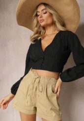 Beżowe Szorty z Guzikami i Gumką w Pasie Ściągane Troczkiem Amalilena. Brązowe szorty damskie Renee, bez wzorów, z szyfonu, eleganckie. Za 39.99 zł.
