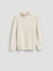 Strukturalny sweter z golfem - złamana biel. Swetry męskie Reserved, l, bez wzorów, z bawełny, bez kołnierzyka, bez ramiączek. Za 159.99 zł.
